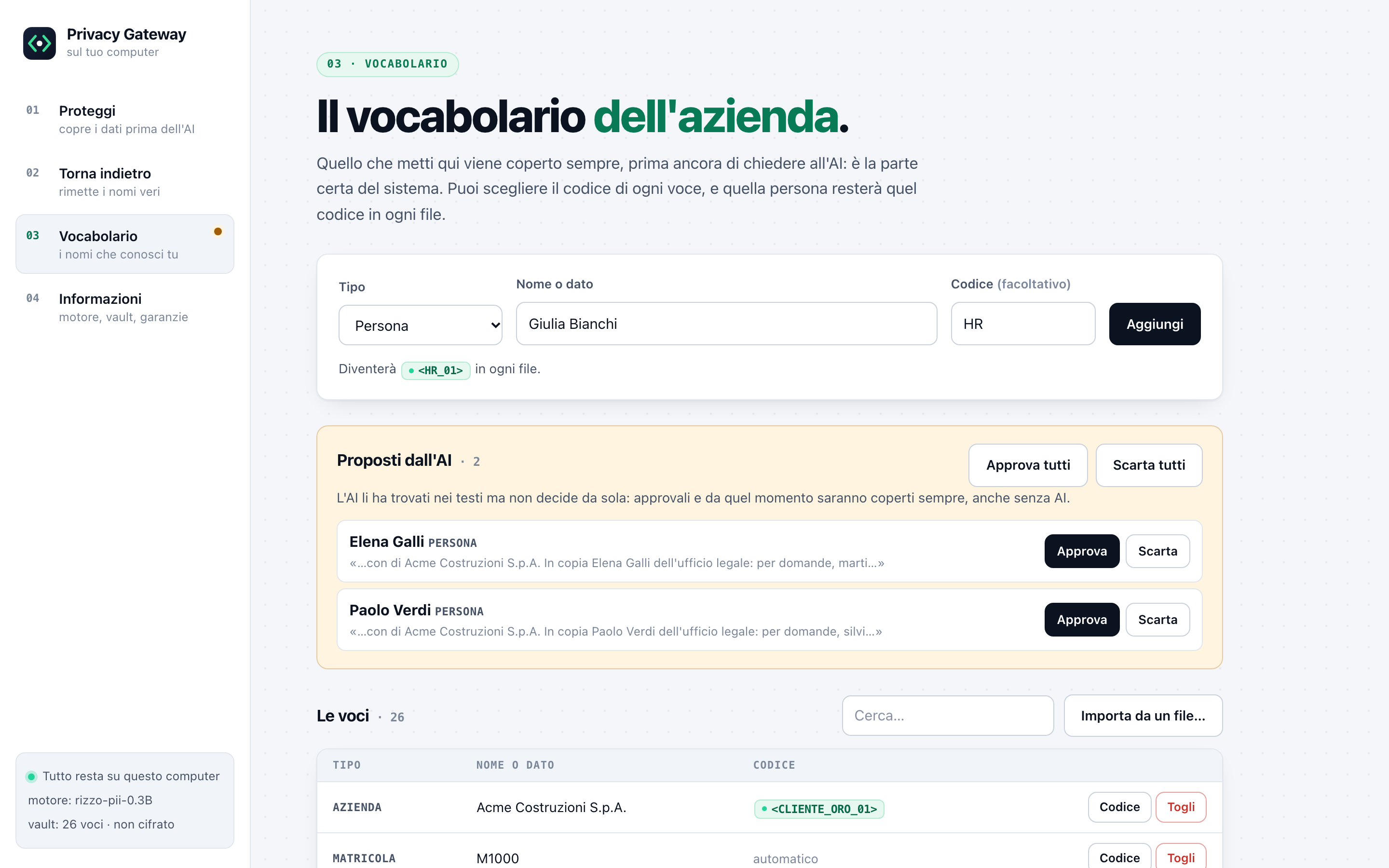 The company vocabulary with codes chosen by the user, and a name proposed by the AI waiting for approval